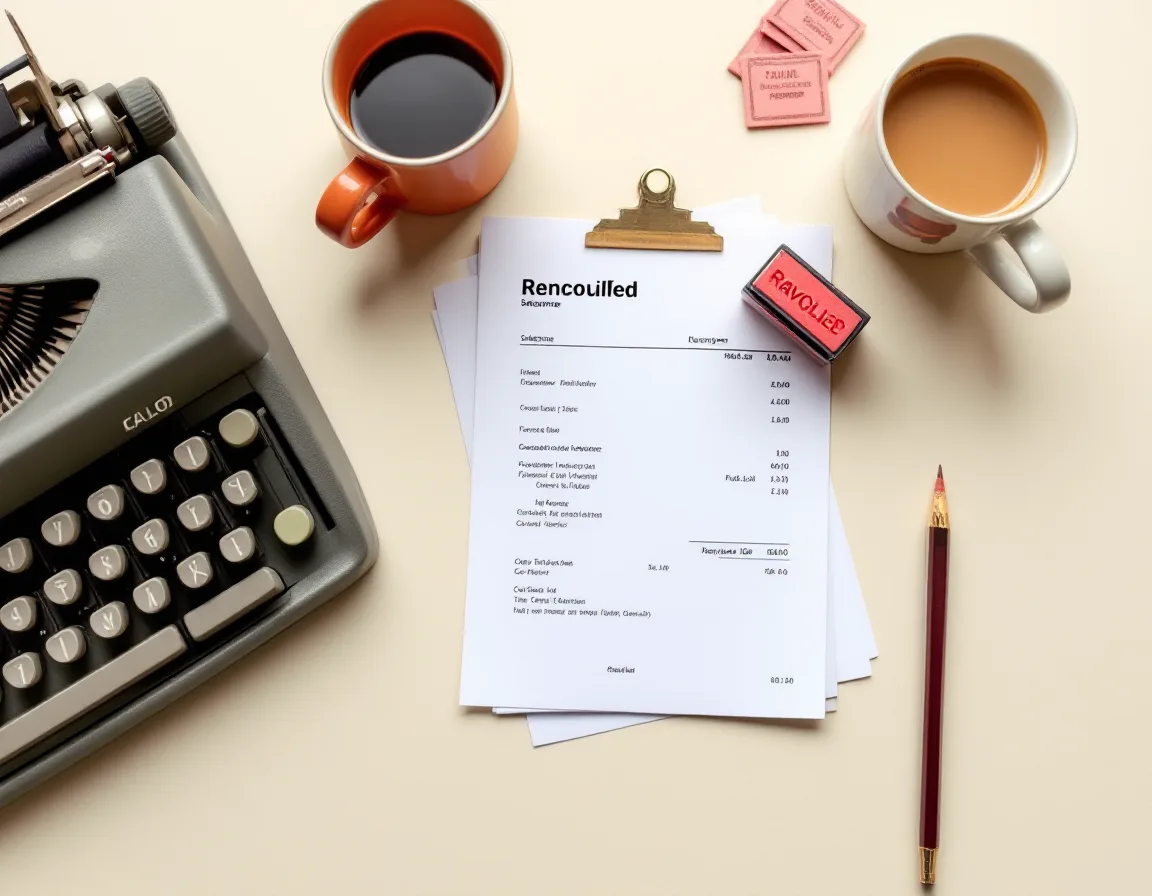An adding machine, a stamped reconciliation statement, and fanned payroll stubs on a bone-coloured surface